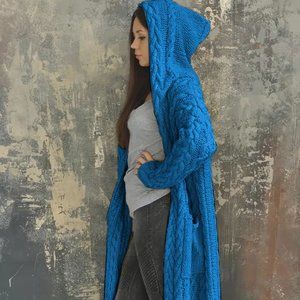 Plus Size Women' Solid Color Hooded Cardigan Coat, Casual Knitted Sweater Coat